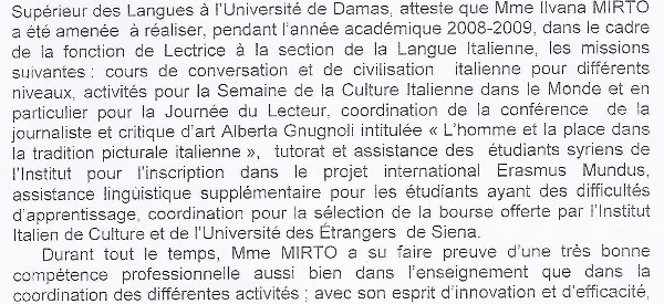 Dal Preside dell'Universita' di Damasco 2009